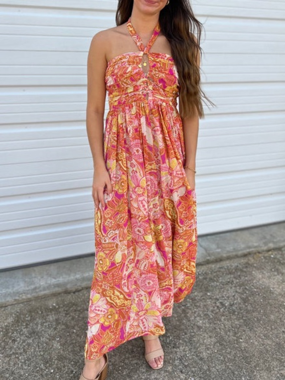 Orange and Pink Tropical Floral Strapless Maxi Dress
